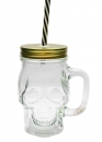 Trinkhalmglas Totenkopf mit Henkel kompl. mit goldenem Deckel und schwarz-weiss-gestreiftem Trinkrohr